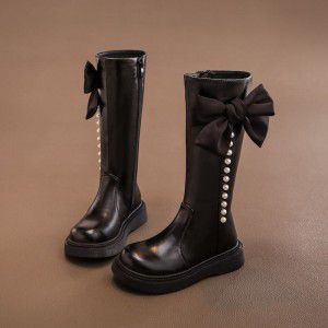 Girls' leather boots, children's long and high boots, little princess fashionable and stylish cotton boots