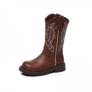 Children's Martin boots, brown embroidered retro cowboy boots, girls' soft soled Chelsea midsole boots