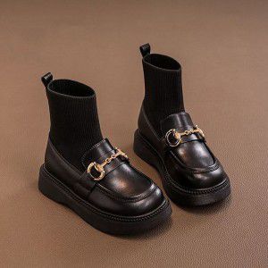 Girls' Fashion Short Boots, Children's Knitted Splicing Leather Boots, Medium Size Children's Shoes, Fashion Mid Socks Boots