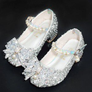Girls' leather shoes, high heels, children's crystal single shoes, girls' silver dresses, runway shows, piano performances, big children's princess shoes