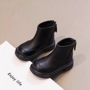 Girls' boots, children's short boots, leather boots, Martin boots, lightweight, soft soled, black small leather shoes