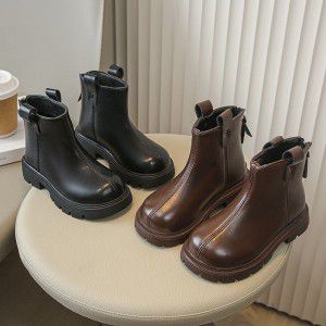 Boys and girls' children's short boots, Korean version, fashionable, simple, versatile, girls' leather boots, round toe single boots