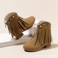 Bohemian high-heeled girls' shoes, fashionable short tube fringed boots, mid heel short boots