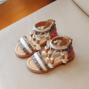 Girls' ethnic style sandals, little girls' western-style vacation shoes, Roman shoes, children's beach shoes