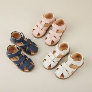 Children's woven toe sandals, women's summer new Roman shoes, flat bottomed Velcro soft soled round toe beach shoes