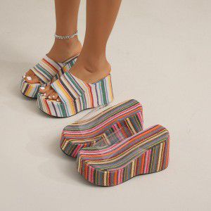 Slope heel straight slipper women's colorful striped slope heel cloth beach cool mop