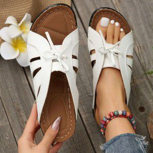 Slope heel fish mouth slippers bow solid color rocking line hollow sandals for women